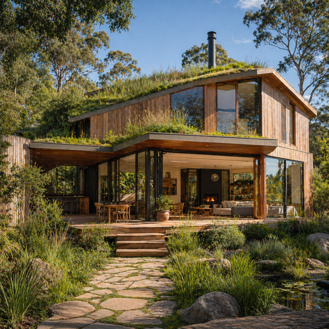 Eco modern timber house with green roof surrounded by planting