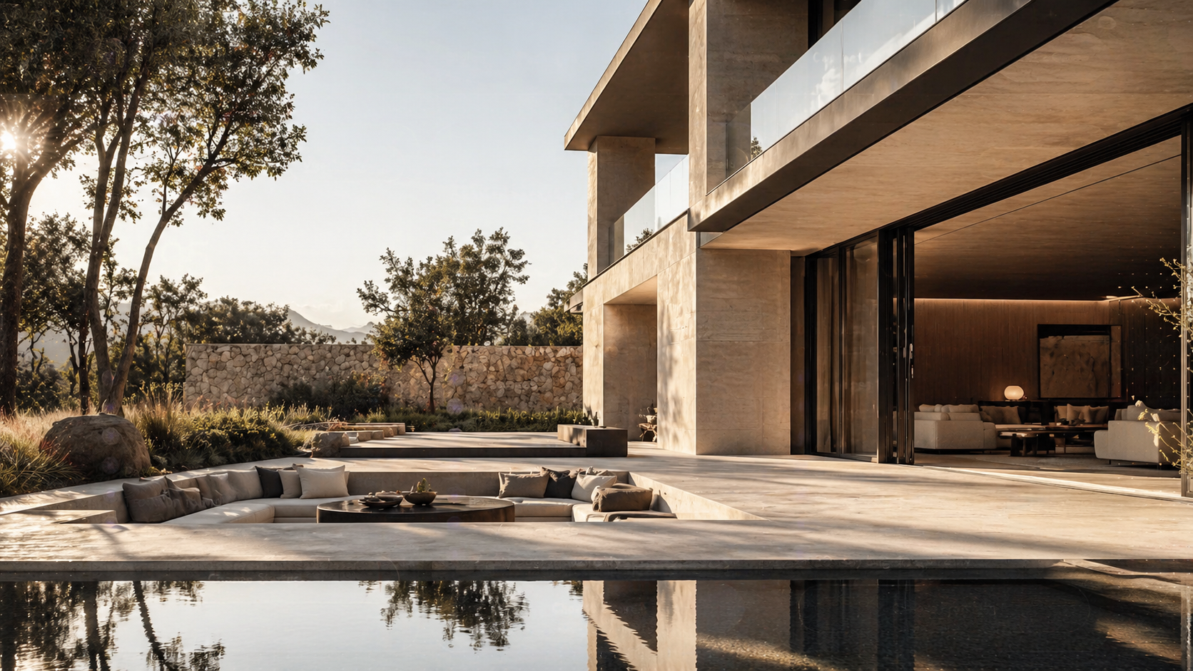 Sunlit contemporary courtyard residence with stone terraces, trees and water reflection