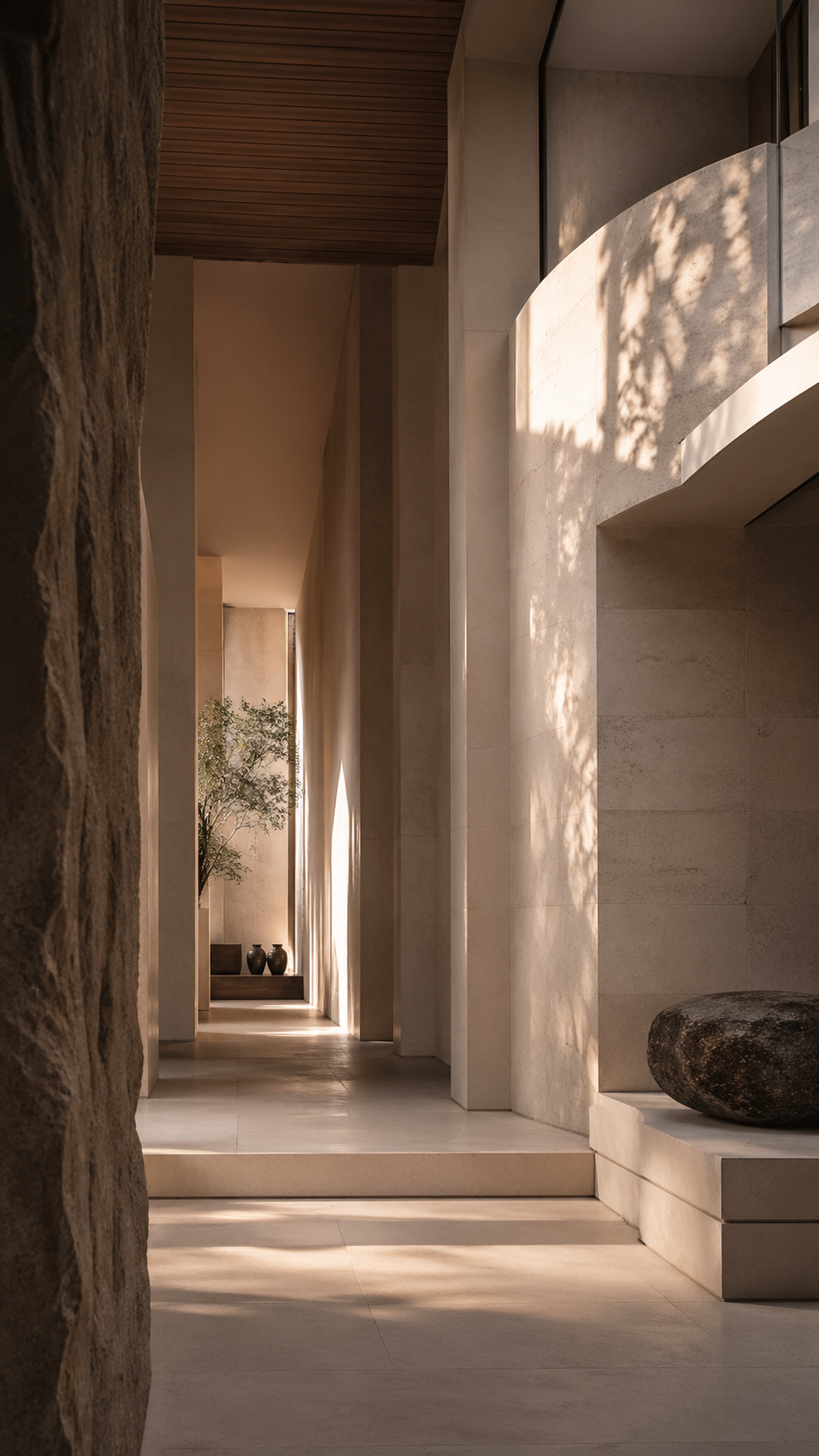 Tall stone corridor with warm daylight and sculptural wall forms