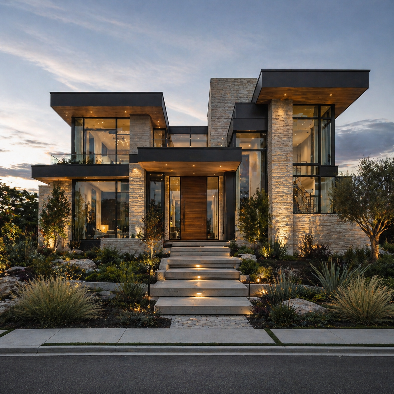 Luxury stone and glass residence glowing at twilight