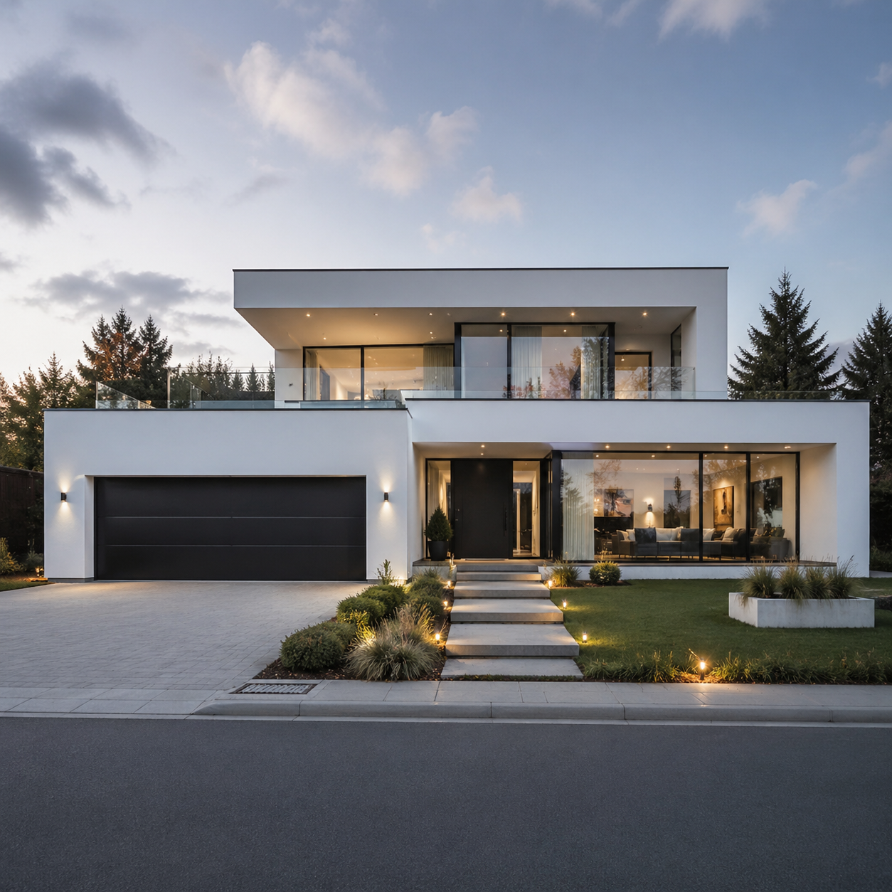 Minimal white contemporary residence at dusk