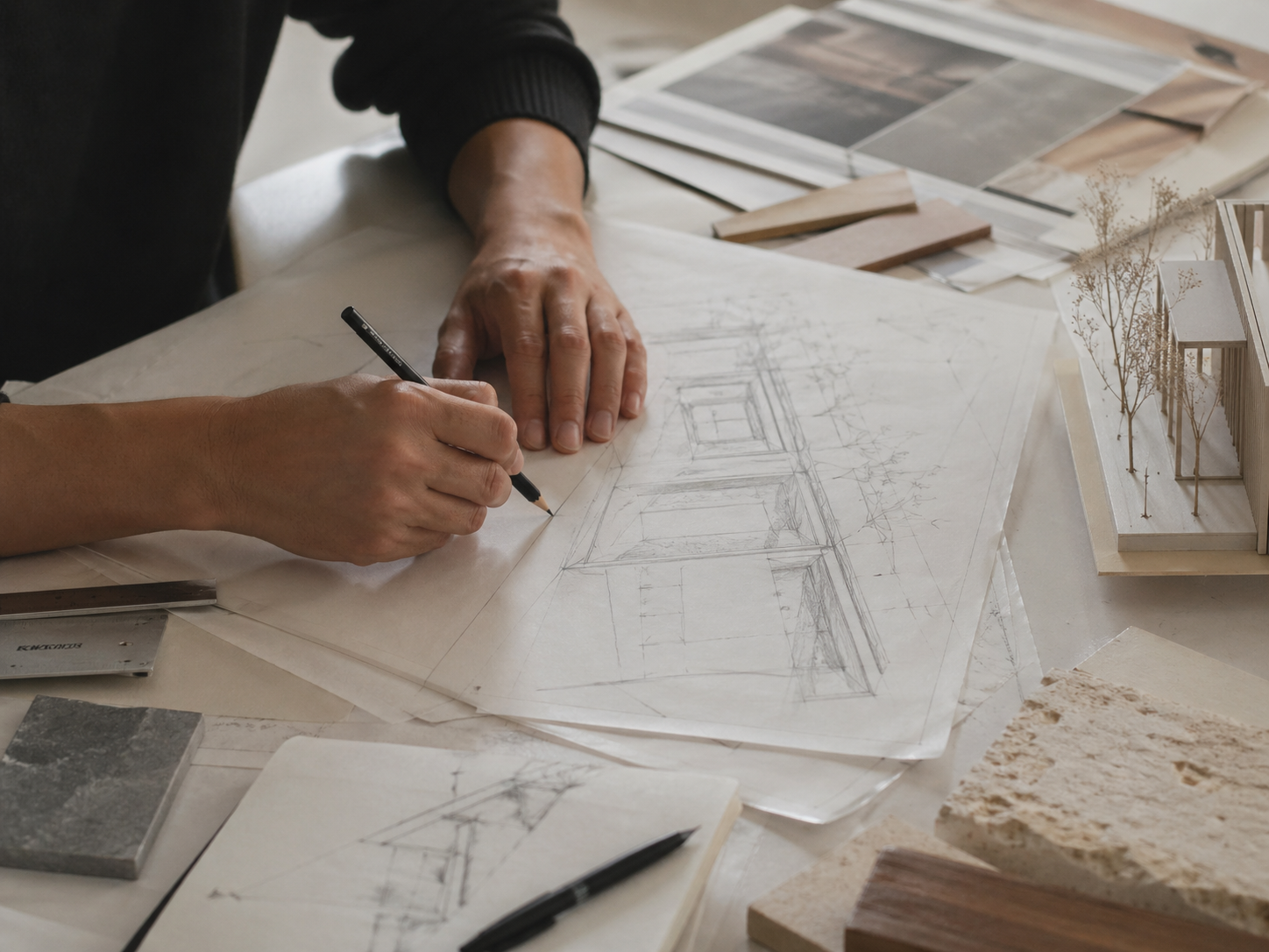 Architect sketching over drawings with samples and a physical model nearby