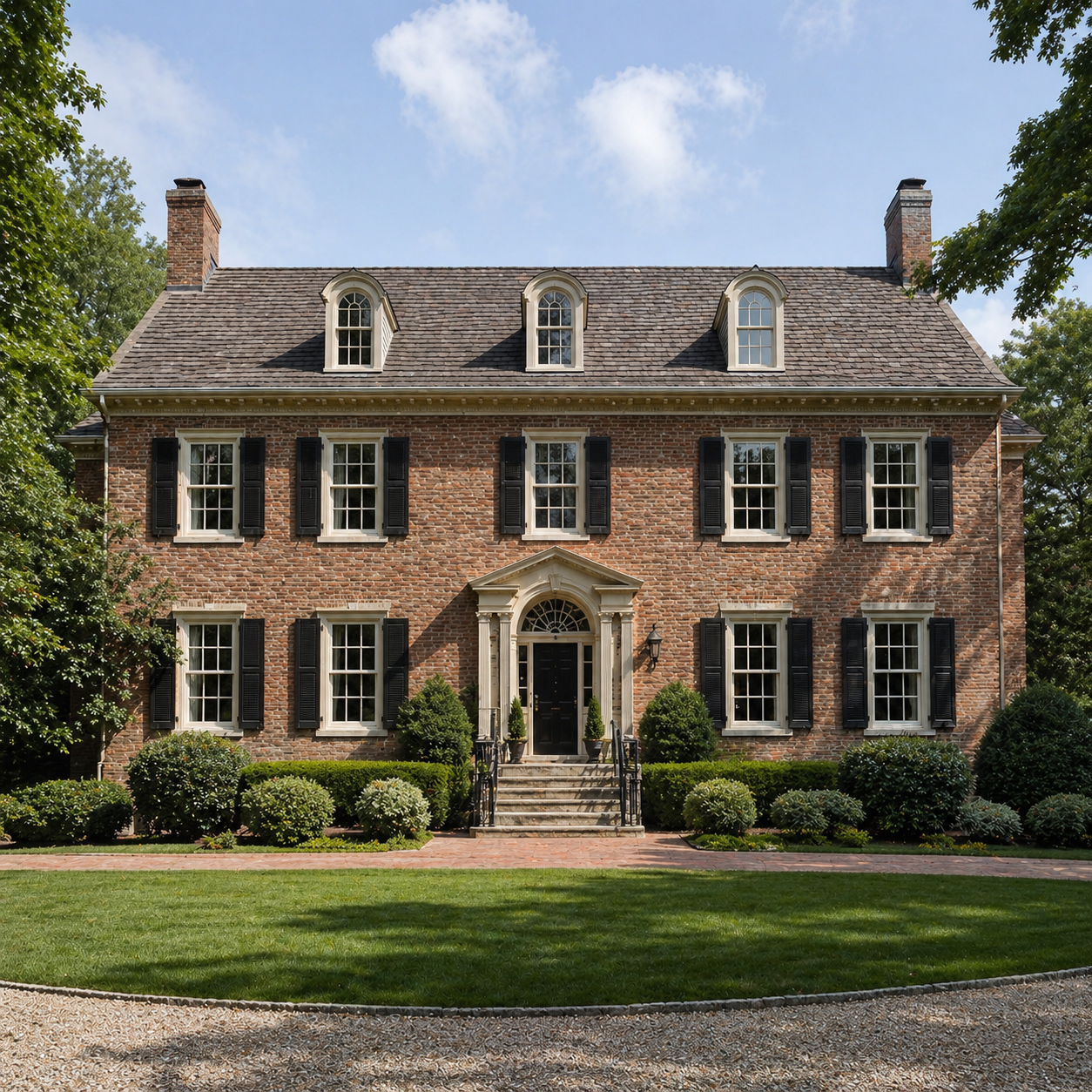 Traditional brick residence with formal windows and garden